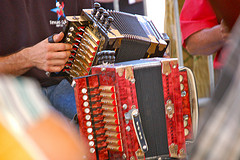 A brown and a white accordion